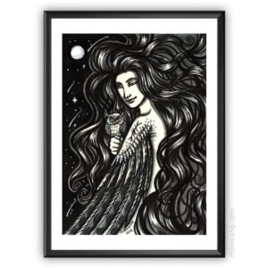 India Ink - Owl Forest Nymph - Original Art A6 Postcard